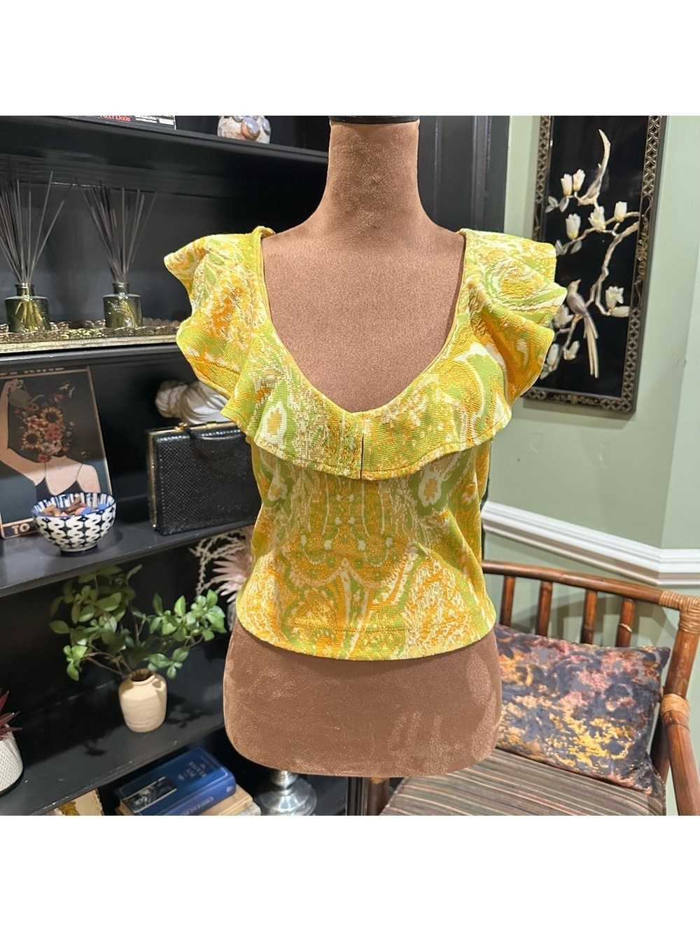 Zara Paisley Ruffle Blouse – Yellow & Green, Size Medium